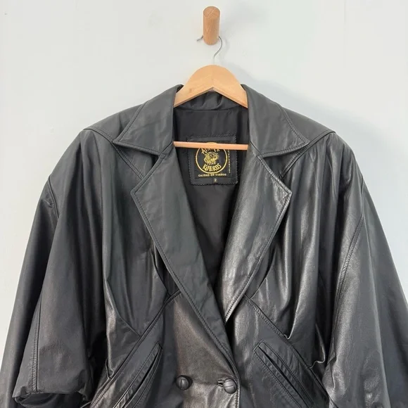 Vintage black leather oversized double breasted jacket - size 2 (Small) - Picture 4 of 7